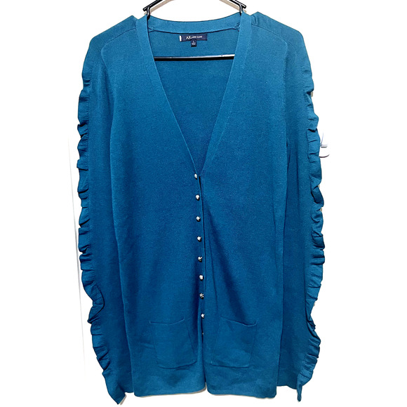 Anne Klein Cardigan Teal Green women's L Ruffle Sleeves button front long length - Picture 1 of 8